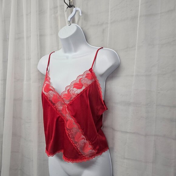 Vintage Legends Tank Y2K Cami Red Lace Satin Floral Sheer Retro M - Picture 4 of 9